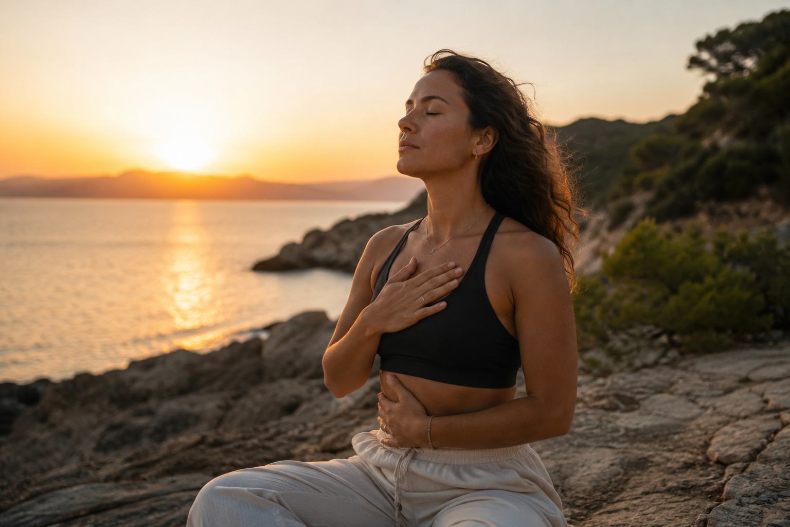 Mulher sentada numa costa ao pôr do sol, olhos fechados, uma mão no peito e outra no ventre, em escuta profunda do corpo